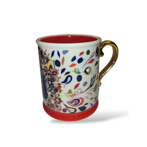 Anthropologie PEACOCK WHITE Mug Deer Boho Gold Handle art by Starla Halfmann